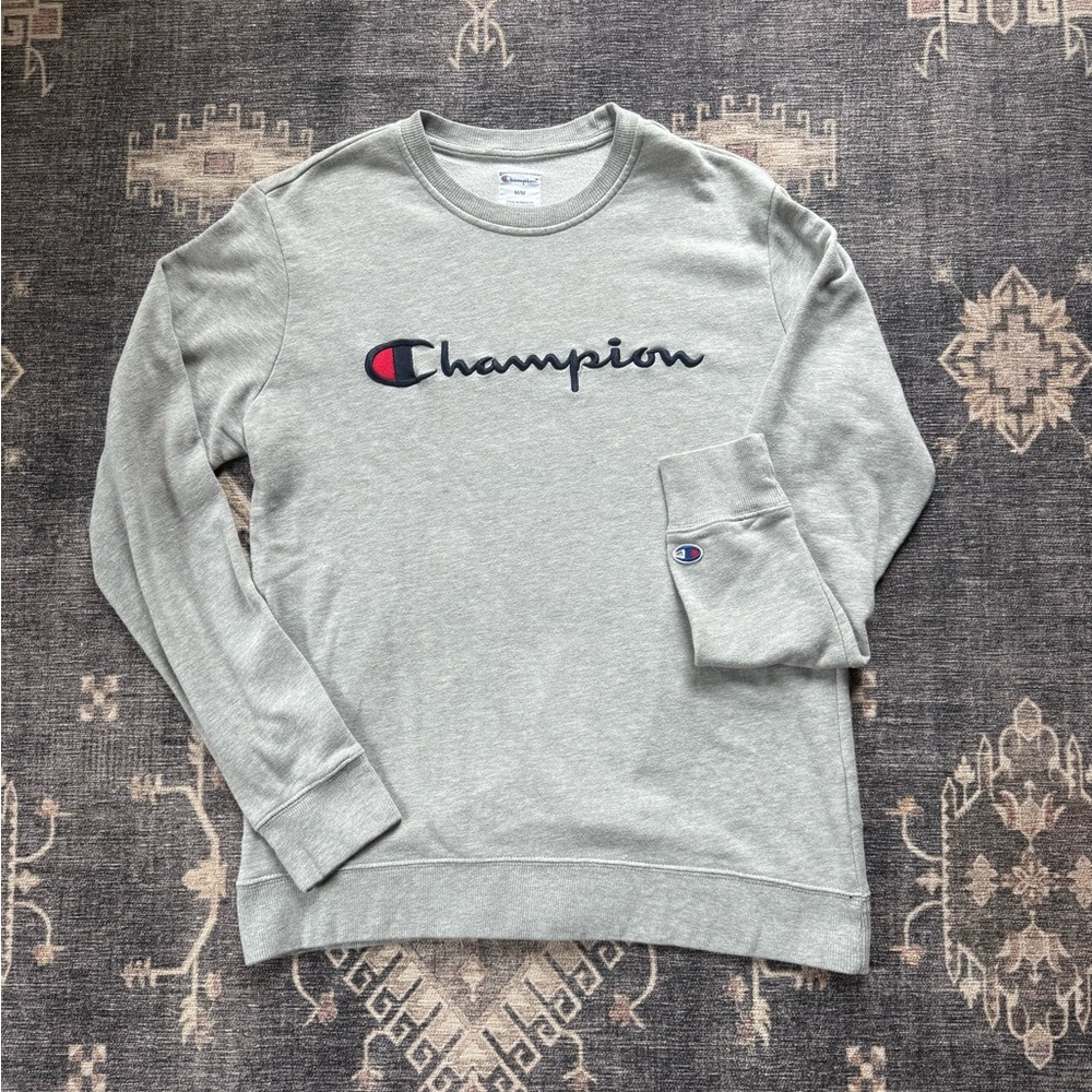 Champion‎ Sweatshirt Embroidered Script Logo Men’s Medium Retro Gray Crewneck